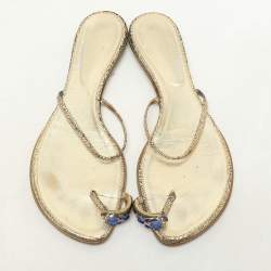 Roberto Cavalli Gold Leather Toe Ring Flat Sandals Size 39