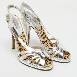 Roberto Cavalli Silver Metallic Leather Strappy Slingback Sandals Size 40