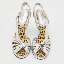 Roberto Cavalli Silver Metallic Leather Strappy Slingback Sandals Size 40