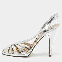Roberto Cavalli Silver Metallic Leather Strappy Slingback Sandals Size 40