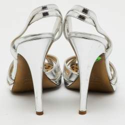Roberto Cavalli Silver Metallic Leather Strappy Slingback Sandals Size 40
