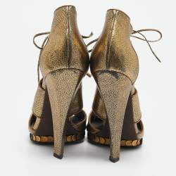 Roberto Cavalli Gold Leather Cut Out Lace Up Booties Size 39