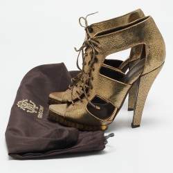 Roberto Cavalli Gold Leather Cut Out Lace Up Booties Size 39