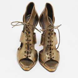 Roberto Cavalli Gold Leather Cut Out Lace Up Booties Size 39