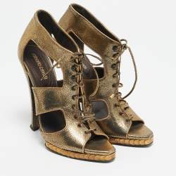 Roberto Cavalli Gold Leather Cut Out Lace Up Booties Size 39
