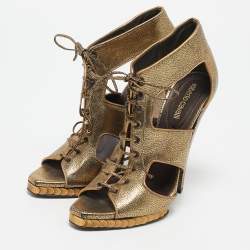 Roberto Cavalli Gold Leather Cut Out Lace Up Booties Size 39
