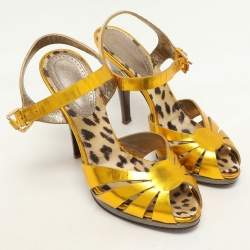 Roberto Cavalli Gold Leather Open Toe Ankle Strap Sandals Size 35.5