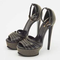 Pre Owned Roberto Cavalli Black Leather Studded Platform Sandals Size 36