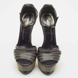 Pre Owned Roberto Cavalli Black Leather Studded Platform Sandals Size 36