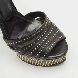 Pre Owned Roberto Cavalli Black Leather Studded Platform Sandals Size 36