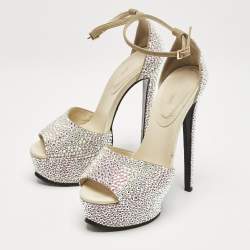 Pre Owned Roberto Cavalli Beige Suede Crystals Embellished Platform Sandals Size 36