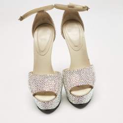 Pre Owned Roberto Cavalli Beige Suede Crystals Embellished Platform Sandals Size 36