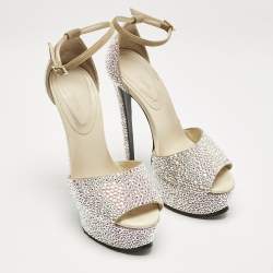 Pre Owned Roberto Cavalli Beige Suede Crystals Embellished Platform Sandals Size 36