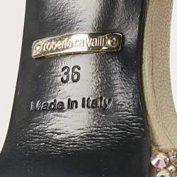 Pre Owned Roberto Cavalli Beige Suede Crystals Embellished Platform Sandals Size 36