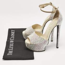 Pre Owned Roberto Cavalli Beige Suede Crystals Embellished Platform Sandals Size 36