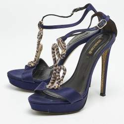 Pre Owned Roberto Cavalli Purple Satin Snake Embellished T-Strap Sandals Size 36