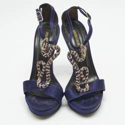 Pre Owned Roberto Cavalli Purple Satin Snake Embellished T-Strap Sandals Size 36