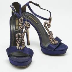 Pre Owned Roberto Cavalli Purple Satin Snake Embellished T-Strap Sandals Size 36