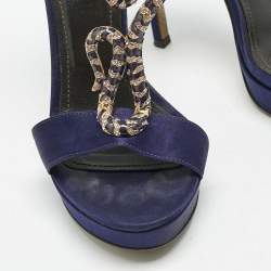 Pre Owned Roberto Cavalli Purple Satin Snake Embellished T-Strap Sandals Size 36