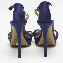 Pre Owned Roberto Cavalli Purple Satin Snake Embellished T-Strap Sandals Size 36