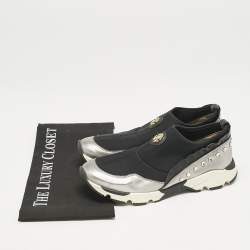 Roberto Cavalli Black/Silver Nylon and Leather Crystal Embellished Slip On Sneakers Size 38