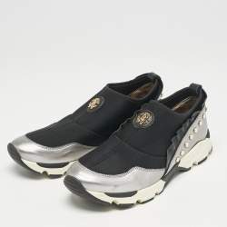 Roberto Cavalli Black/Silver Nylon and Leather Crystal Embellished Slip On Sneakers Size 38
