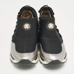 Roberto Cavalli Black/Silver Nylon and Leather Crystal Embellished Slip On Sneakers Size 38