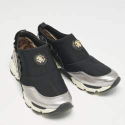 Roberto Cavalli Black/Silver Nylon and Leather Crystal Embellished Slip On Sneakers Size 38
