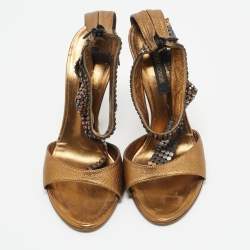 Roberto Cavalli Gold Leather Crystal Embellished Ankle Strap Sandals Size 36