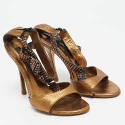 Roberto Cavalli Gold Leather Crystal Embellished Ankle Strap Sandals Size 36