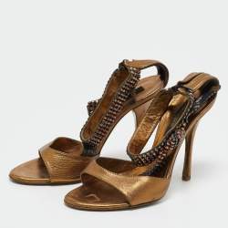 Roberto Cavalli Gold Leather Crystal Embellished Ankle Strap Sandals Size 36
