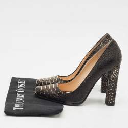 Roberto Cavalli Dark Brown/Gold Watersnake Leather Block Heel Pumps Size 38.5