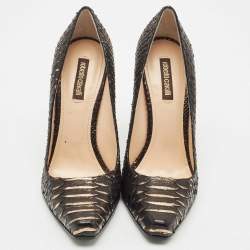 Roberto Cavalli Dark Brown/Gold Watersnake Leather Block Heel Pumps Size 38.5