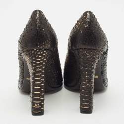 Roberto Cavalli Dark Brown/Gold Watersnake Leather Block Heel Pumps Size 38.5