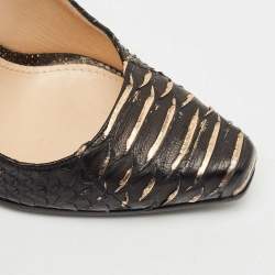 Roberto Cavalli Dark Brown/Gold Watersnake Leather Block Heel Pumps Size 38.5
