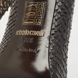Roberto Cavalli Dark Brown/Gold Watersnake Leather Block Heel Pumps Size 38.5