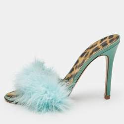 Pre Owned Roberto Cavalli Blue Feather and Leather Leopard Print Slide Sandals Size 37.5