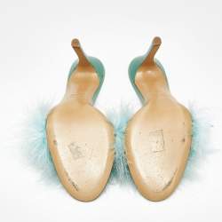 Pre Owned Roberto Cavalli Blue Feather and Leather Leopard Print Slide Sandals Size 37.5