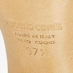 Pre Owned Roberto Cavalli Blue Feather and Leather Leopard Print Slide Sandals Size 37.5