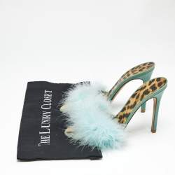 Pre Owned Roberto Cavalli Blue Feather and Leather Leopard Print Slide Sandals Size 37.5