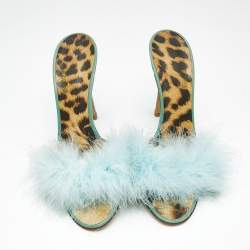Pre Owned Roberto Cavalli Blue Feather and Leather Leopard Print Slide Sandals Size 37.5