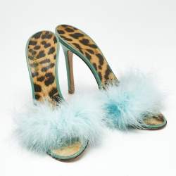 Pre Owned Roberto Cavalli Blue Feather and Leather Leopard Print Slide Sandals Size 37.5