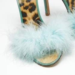 Pre Owned Roberto Cavalli Blue Feather and Leather Leopard Print Slide Sandals Size 37.5