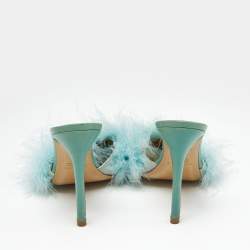 Pre Owned Roberto Cavalli Blue Feather and Leather Leopard Print Slide Sandals Size 37.5