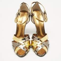 Pre Owned صندل روبيرتو كافالي جلد برّاق ذهبي/رمادي برباط كاحل مقاس 40