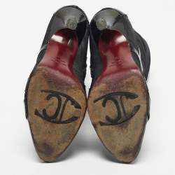 Pre Owned Roberto Cavalli Black Monogram Nylon and Patent Leather Buckle Ankle Length Boots Size 37