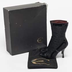 Pre Owned Roberto Cavalli Black Monogram Nylon and Patent Leather Buckle Ankle Length Boots Size 37