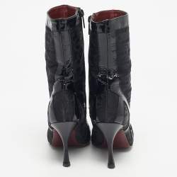 Pre Owned Roberto Cavalli Black Monogram Nylon and Patent Leather Buckle Ankle Length Boots Size 37