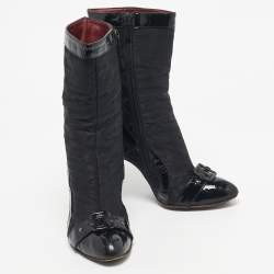 Pre Owned Roberto Cavalli Black Monogram Nylon and Patent Leather Buckle Ankle Length Boots Size 37
