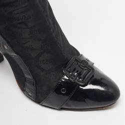 Pre Owned Roberto Cavalli Black Monogram Nylon and Patent Leather Buckle Ankle Length Boots Size 37